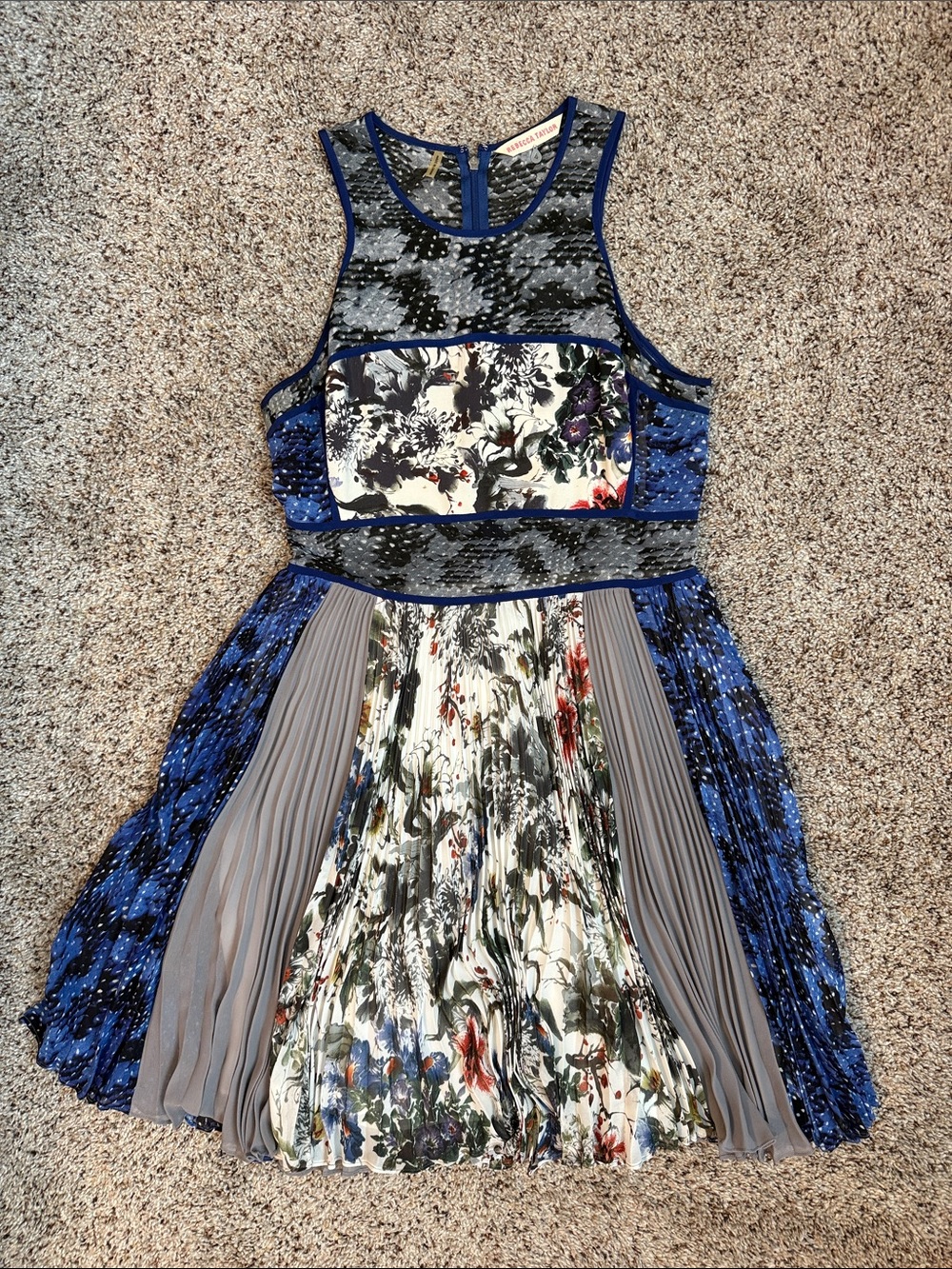Rebecca Taylor Blue Floral Panelled Pleated Dress